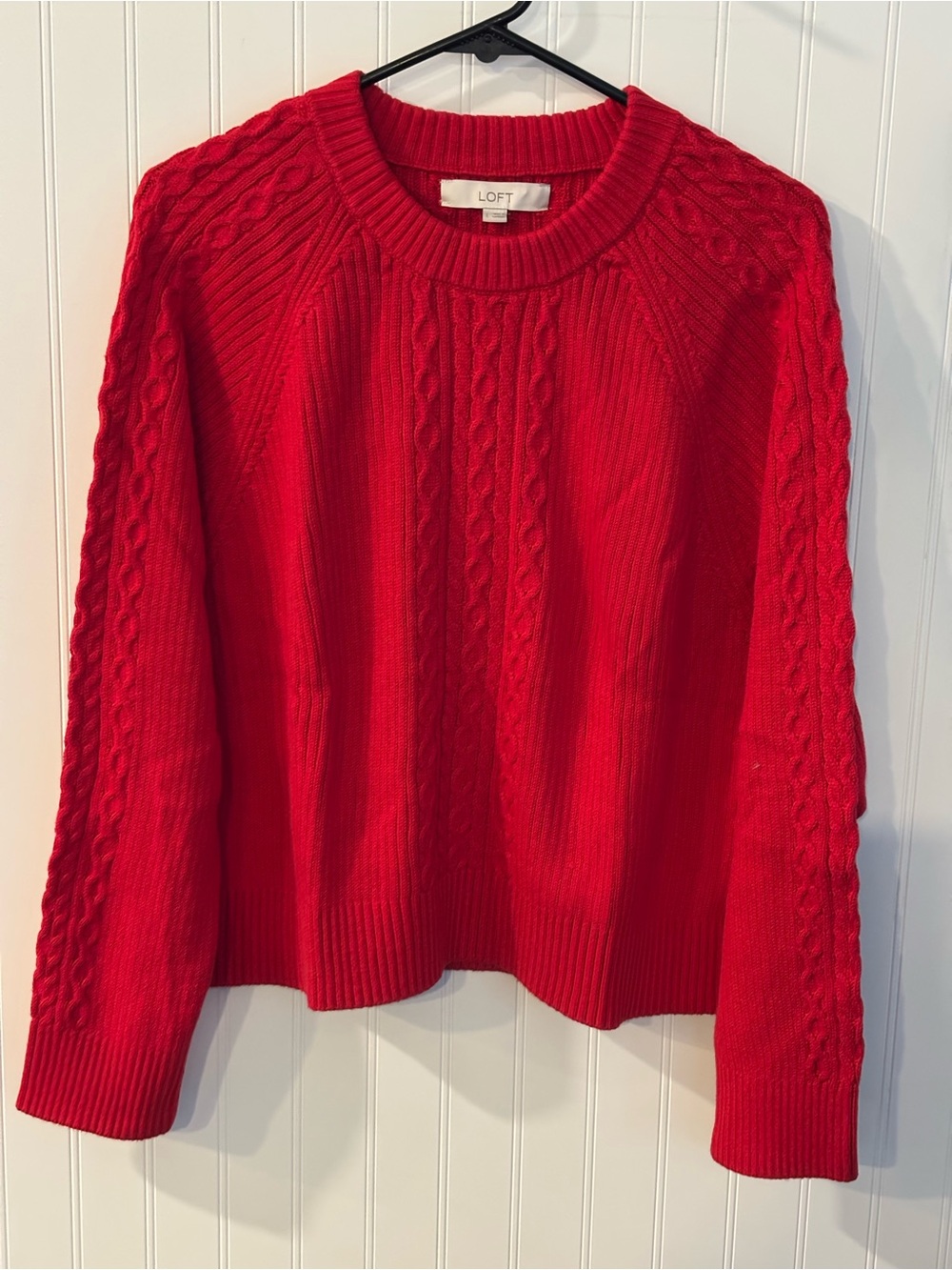 LOFT Bright Red Cable-Knit Crewneck Sweater
